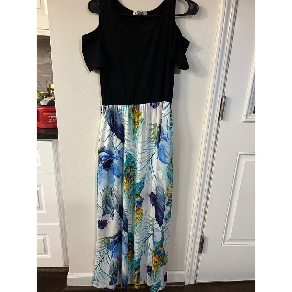 Styleword Womens Cold Shoulder Maxi Dress Black Floral Peacock Print Pockets M